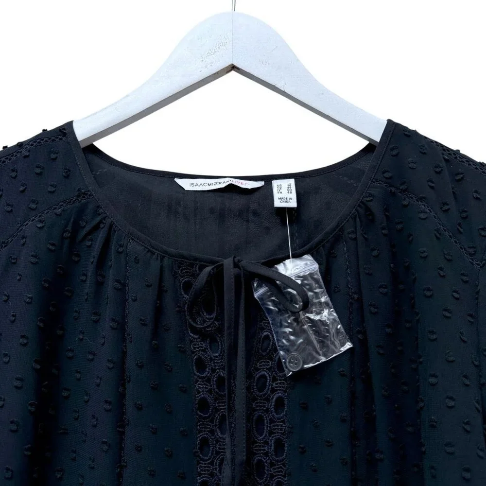 Isaac Mizrahi Live Black Blouse Size 14 Swiss Dot Chiffon Peasant Top NEW - Picture 8 of 11